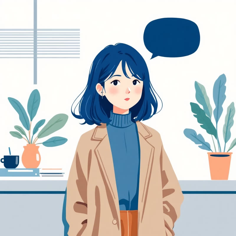 A girl with blue hair talks with a speech bubble